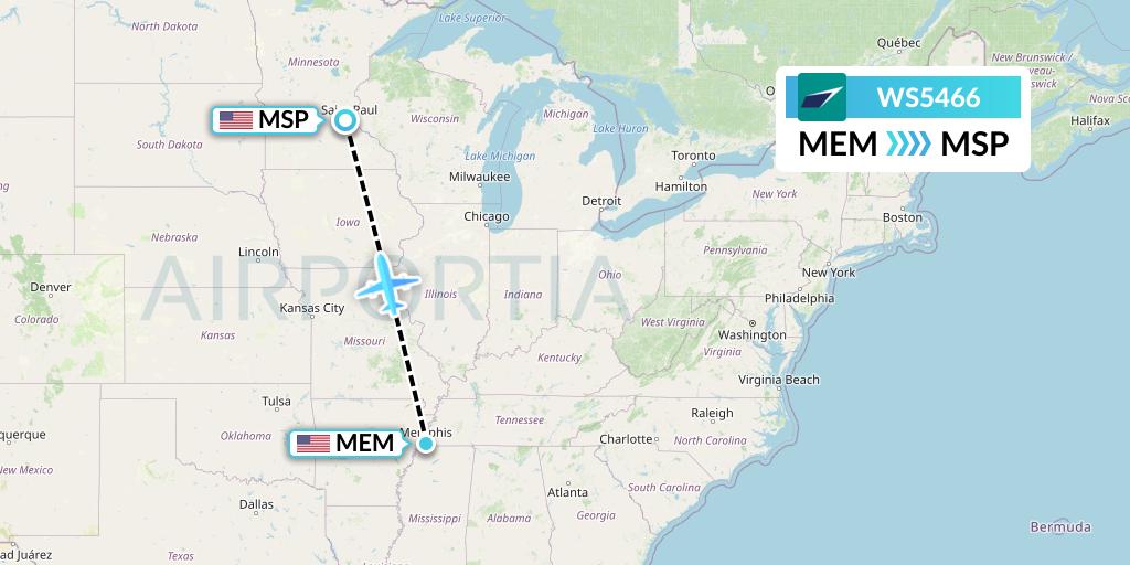 WS5466 WestJet Flight Map: Memphis to Minneapolis