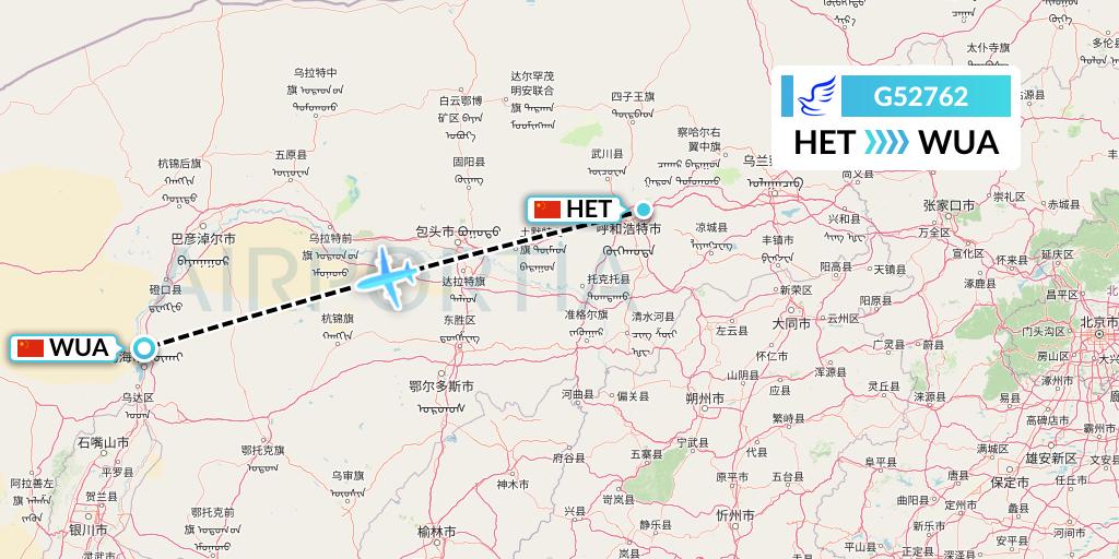 G52762 China Express Airlines Flight Map: Hohhot to Wuhai