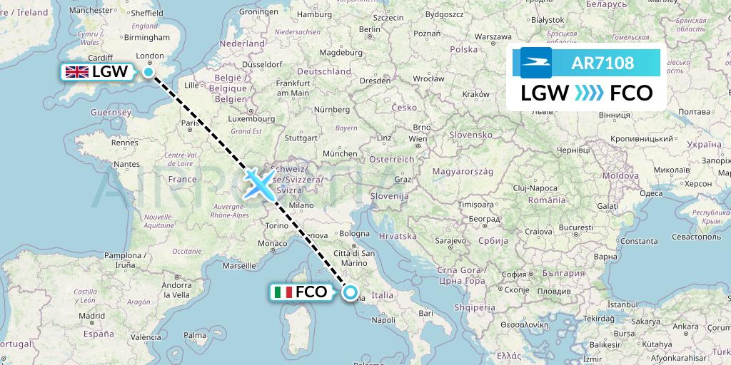 AR7108 Aerolineas Argentinas Flight Map: London to Rome