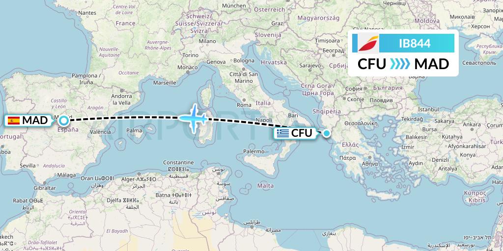 IB844 Iberia Flight Map: Corfu to Madrid