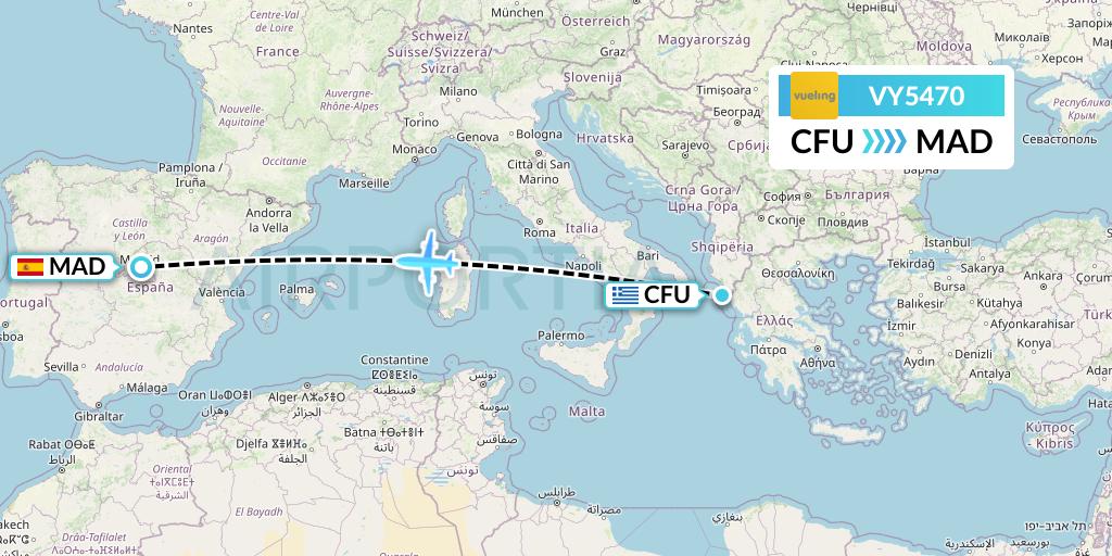 VY5470 Vueling Flight Map: Corfu to Madrid