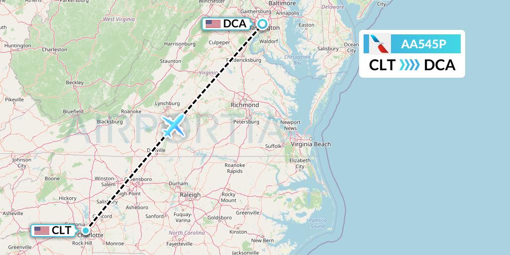 AA545P American Airlines Flight Map: Charlotte to Washington