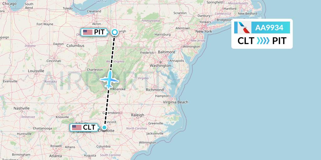 AA9934 American Airlines Flight Map: Charlotte to Pittsburgh