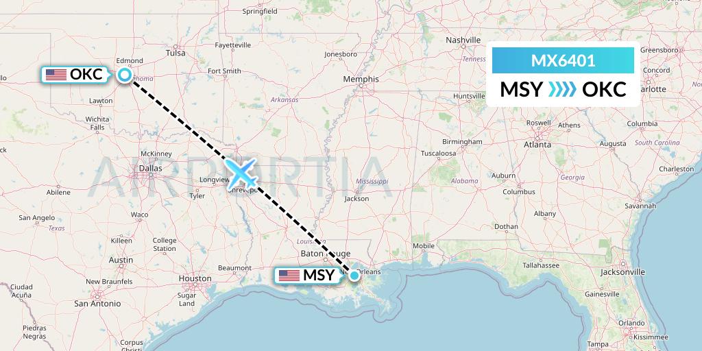 MX6401 Breeze Airways Flight Map: New Orleans to Oklahoma City