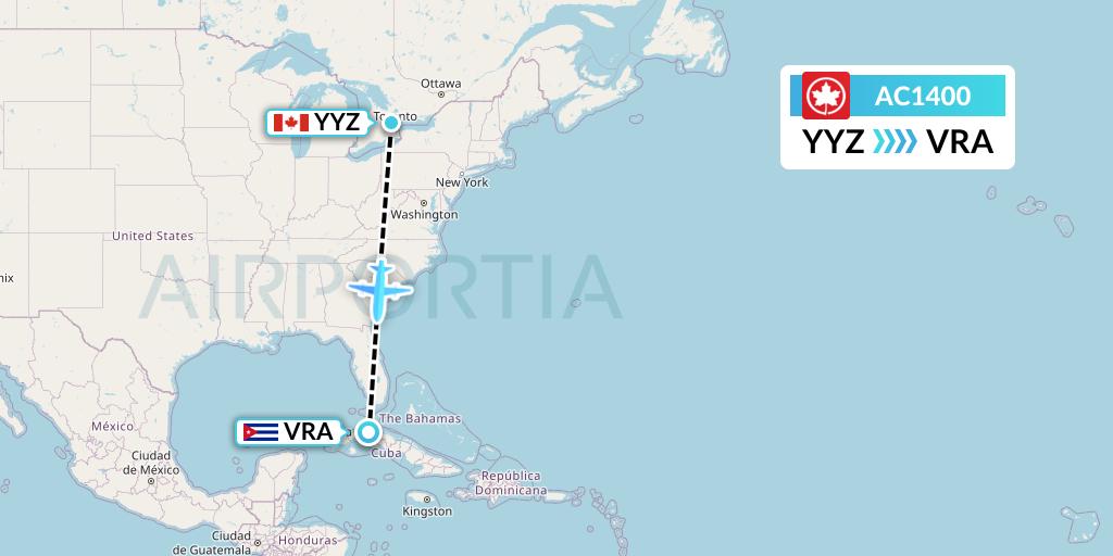 AC1400 Air Canada Flight Map: Toronto to Varadero
