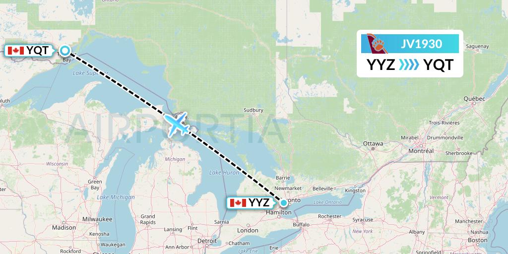 JV1930 Bearskin Airlines Flight Map: Toronto to Thunder Bay