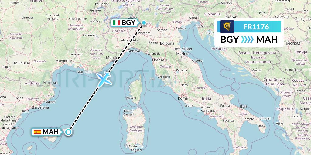 FR1176 Ryanair Flight Map: Milan to Mahon
