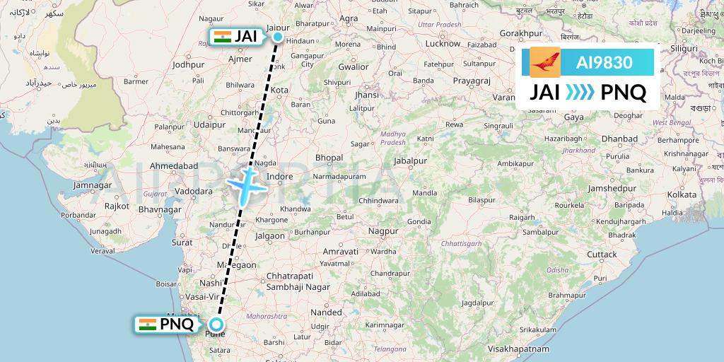 AI9830 Air India Flight Map: Jaipur to Pune