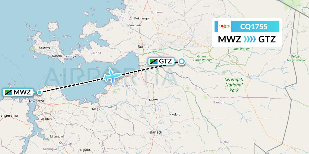 CQ1755 Coastal Aviation Flight Map: Mwanza to Bunda