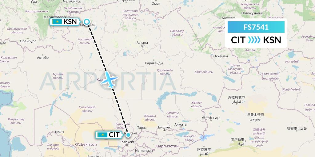 FS7541 Flyr Flight Map: Shymkent to Kostanay