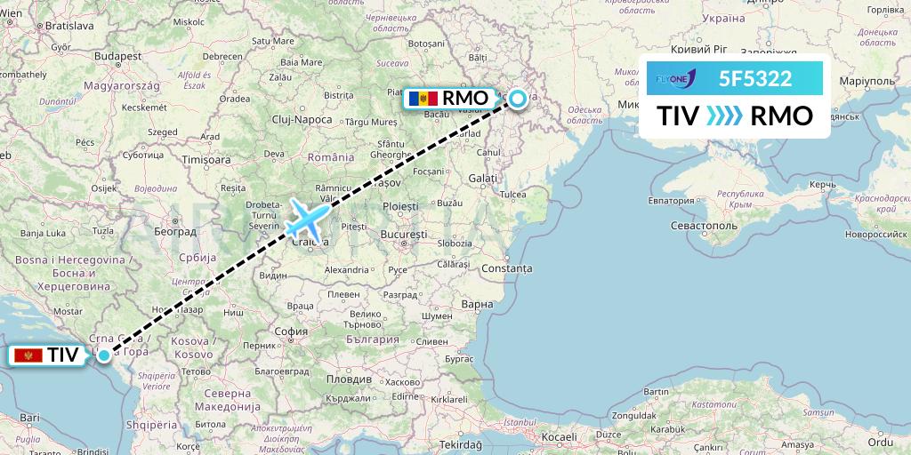 5F5322 Fly One Flight Map: Tivat to Chisinau
