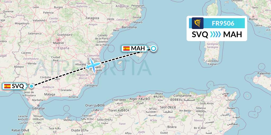 FR9506 Ryanair Flight Map: Seville to Mahon