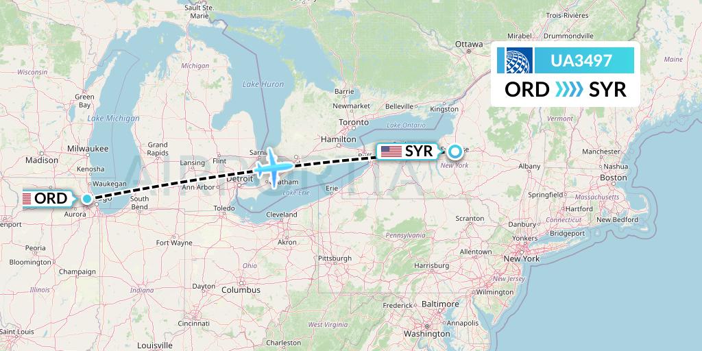 UA3497 United Airlines Flight Map: Chicago to Syracuse