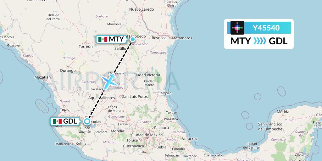 Y45540 Volaris Flight Map: Monterrey to Guadalajara