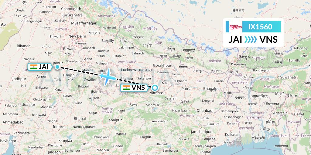IX1560 Air India Express Flight Map: Jaipur to Varanasi