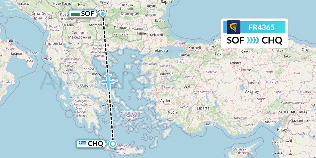 FR4365 Ryanair Flight Map: Sofia to Chania