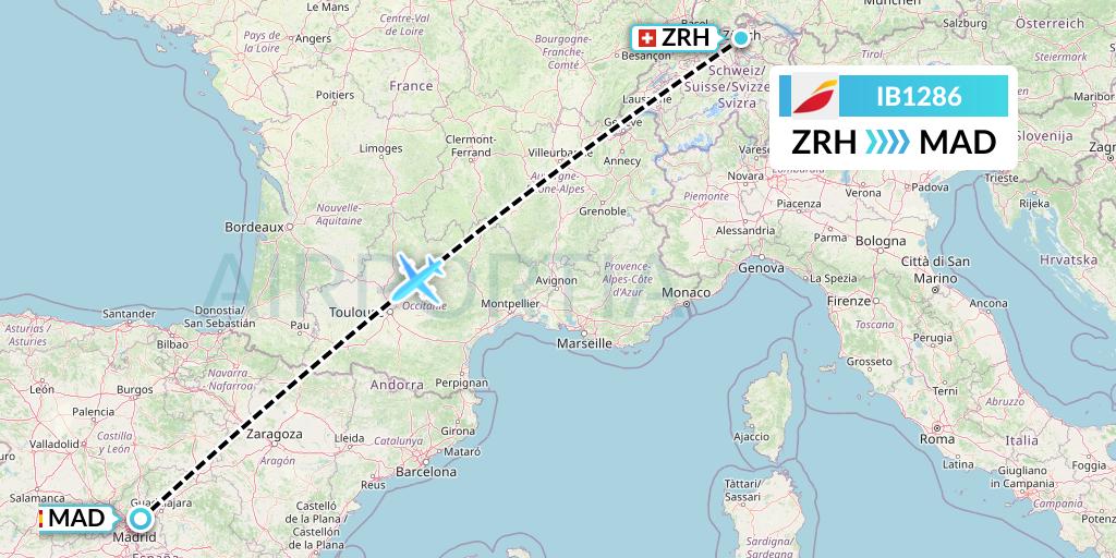 IB1286 Iberia Flight Map: Zurich to Madrid