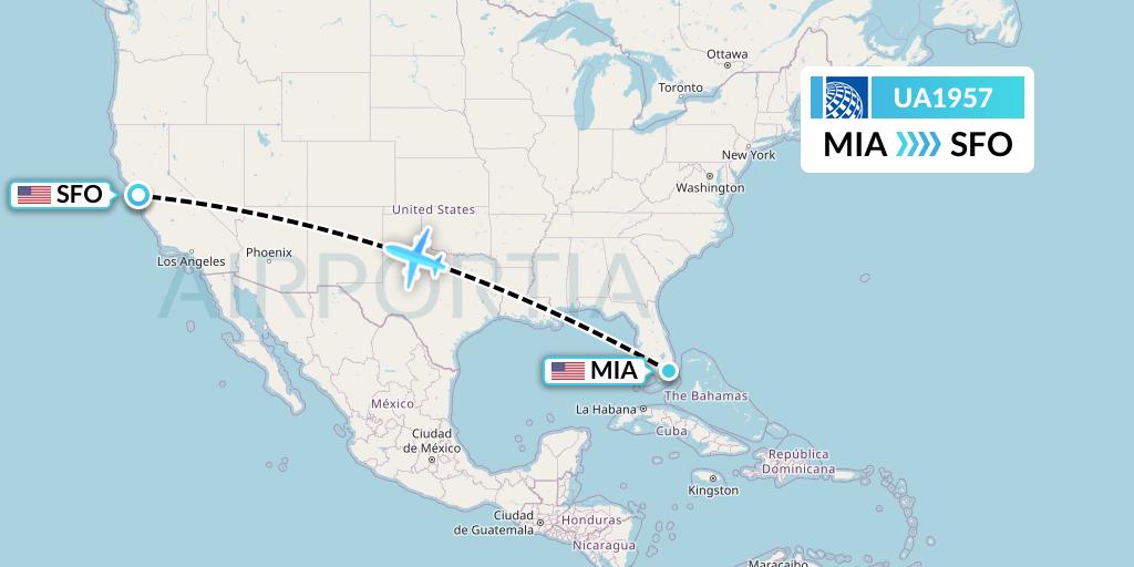 UA1957 United Airlines Flight Map: Miami to San Francisco