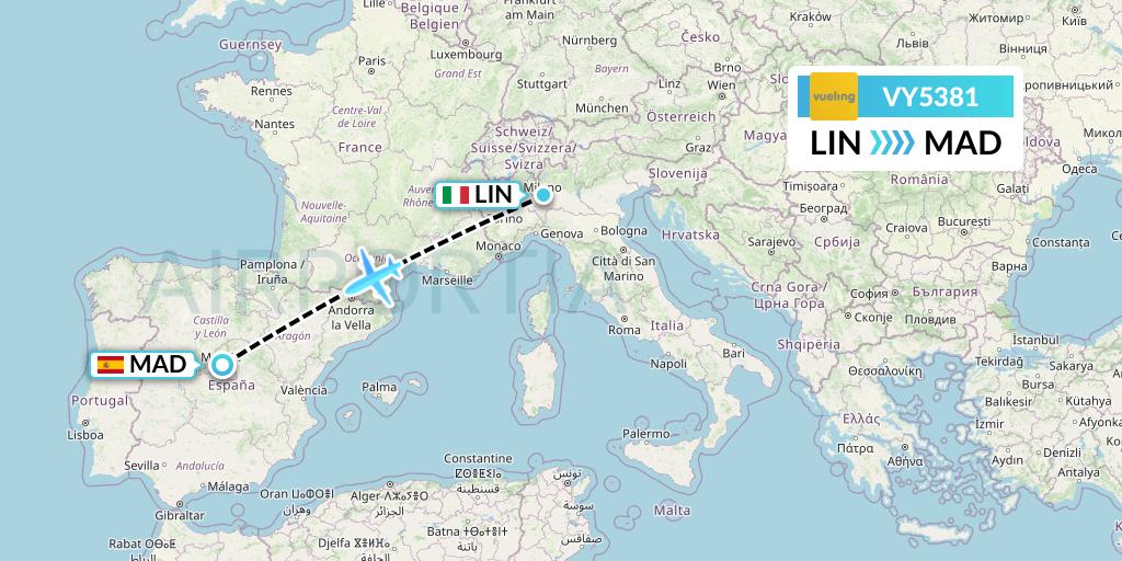 VY5381 Vueling Flight Map: Milan to Madrid