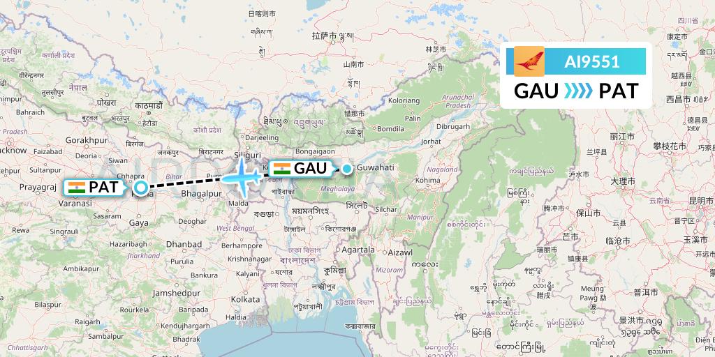 AI9551 Air India Flight Map: Guwahati to Patna