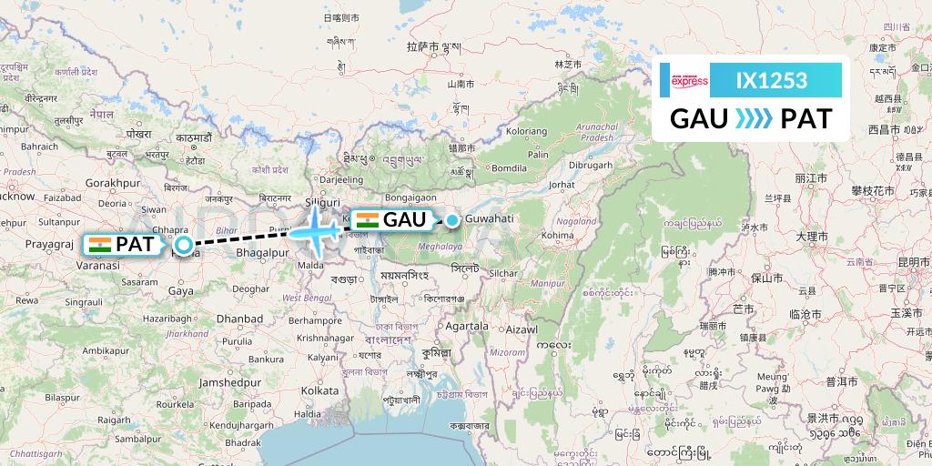 IX1253 Air India Express Flight Map: Guwahati to Patna