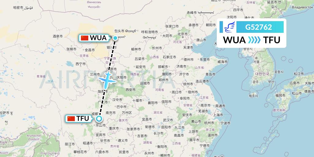 G52762 China Express Airlines Flight Map: Wuhai to Chengdu