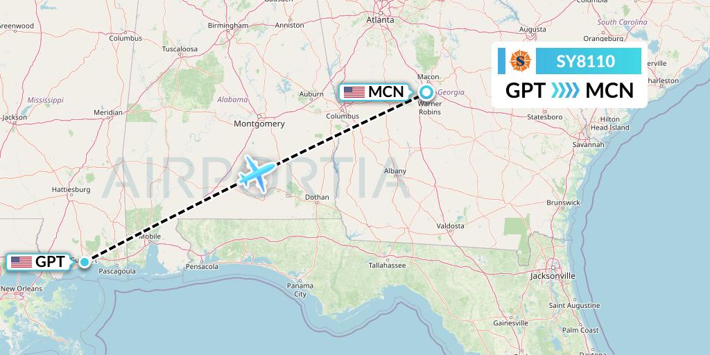 SY8110 Sun Country Airlines Flight Map: Gulfport to Macon