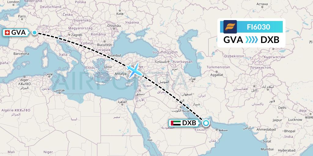 FI6030 Icelandair Flight Map: Geneva to Dubai