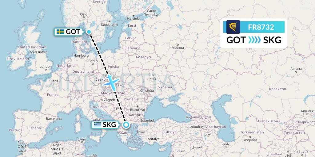 FR8732 Ryanair Flight Map: Gothenburg to Thessaloniki