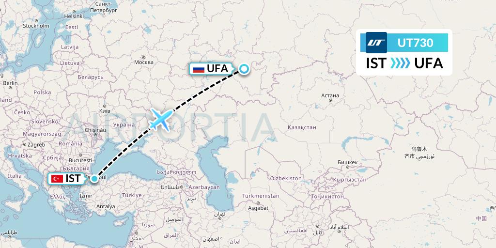 UT730 UTair Flight Map: Istanbul to Ufa