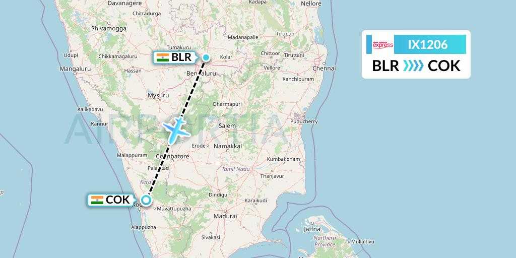 IX1206 Air India Express Flight Map: Bangalore to Cochin