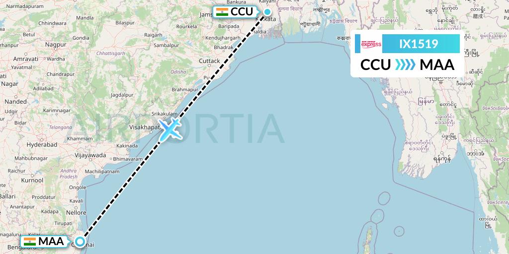 IX1519 Air India Express Flight Map: Kolkata to Chennai