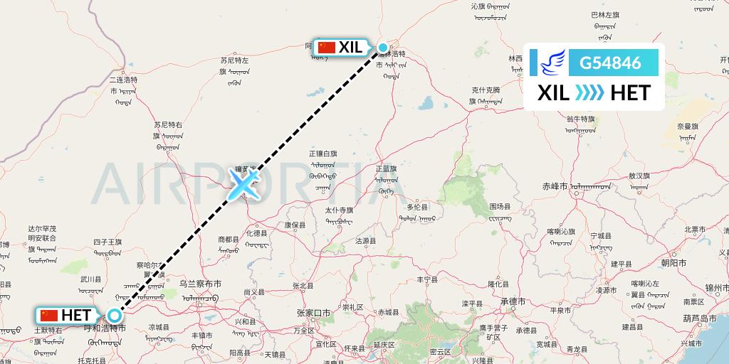 G54846 China Express Airlines Flight Map: Xilinhot to Hohhot