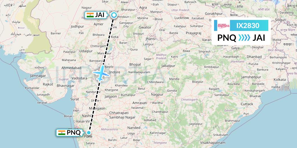 IX2830 Air India Express Flight Map: Pune to Jaipur