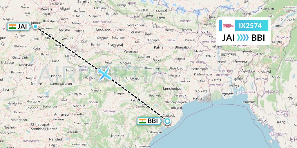 IX2574 Air India Express Flight Map: Jaipur to Bhubaneswar