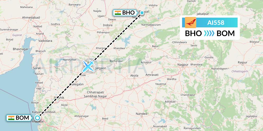 AI558 Air India Flight Map: Bhopal to Mumbai