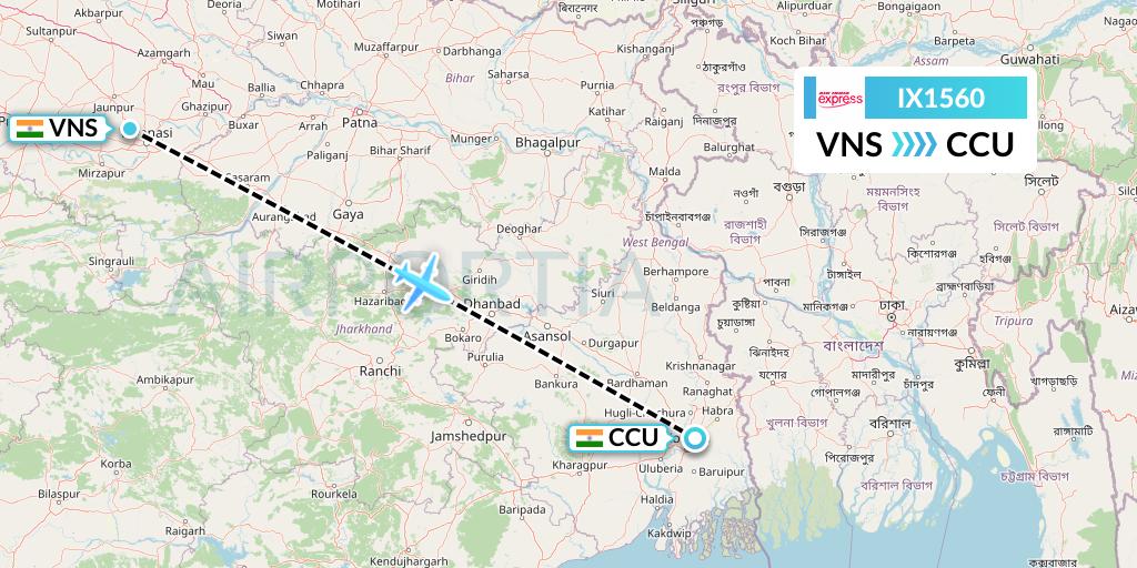 IX1560 Air India Express Flight Map: Varanasi to Kolkata