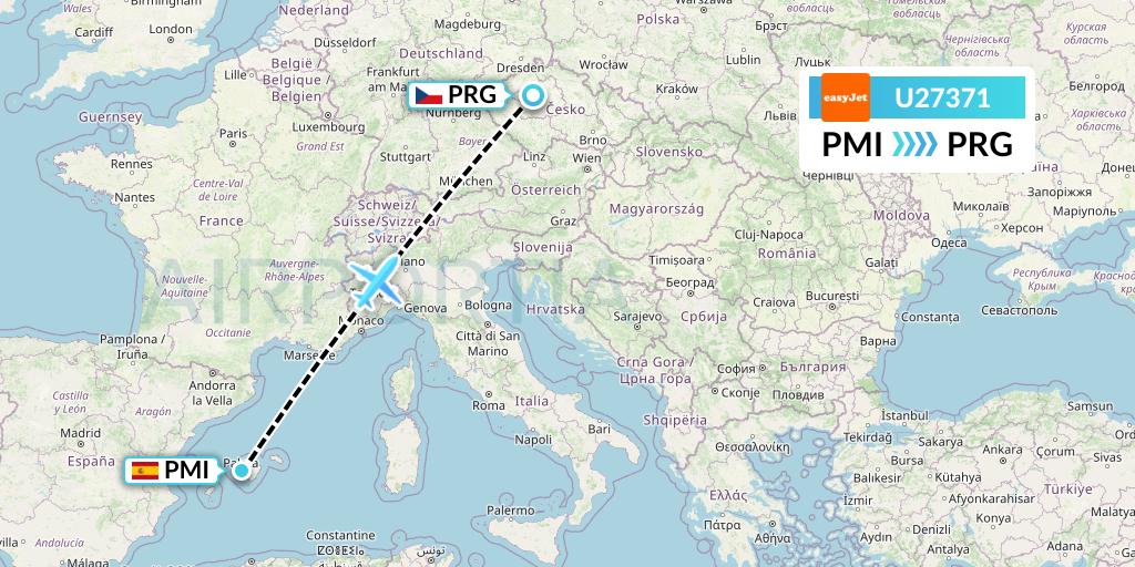 U27371 EasyJet Flight Map: Palma de Mallorca to Prague