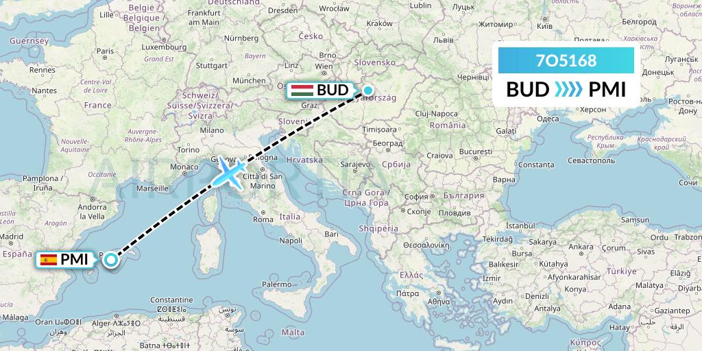 7O5168 Travel Service Hungary Flight Map: Budapest to Palma de Mallorca