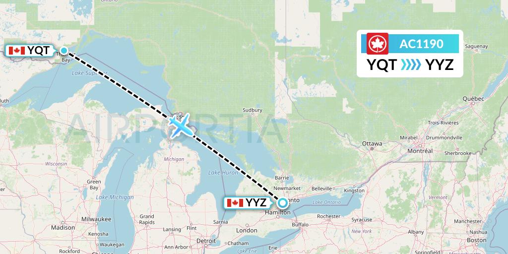 AC1190 Air Canada Flight Map: Thunder Bay to Toronto