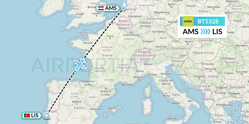 BT5328 Air Baltic Flight Map: Amsterdam to Lisbon