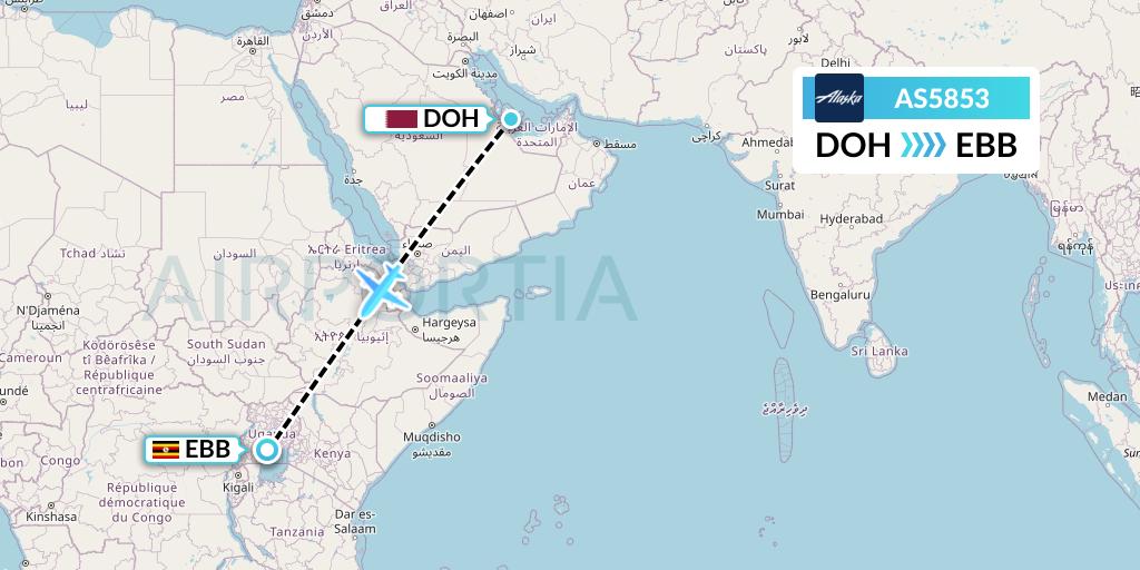 AS5853 Alaska Airlines Flight Map: Doha to Entebbe