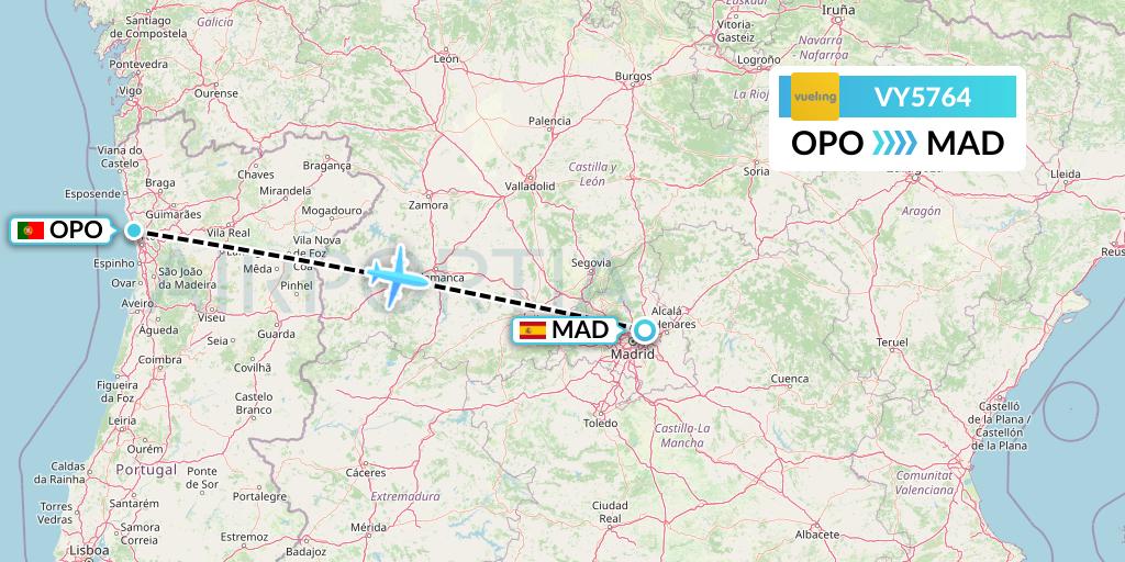 VY5764 Vueling Flight Map: Porto to Madrid