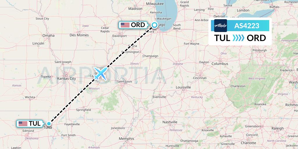 AS4223 Alaska Airlines Flight Map: Tulsa to Chicago