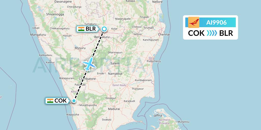 AI9906 Air India Flight Map: Cochin to Bangalore