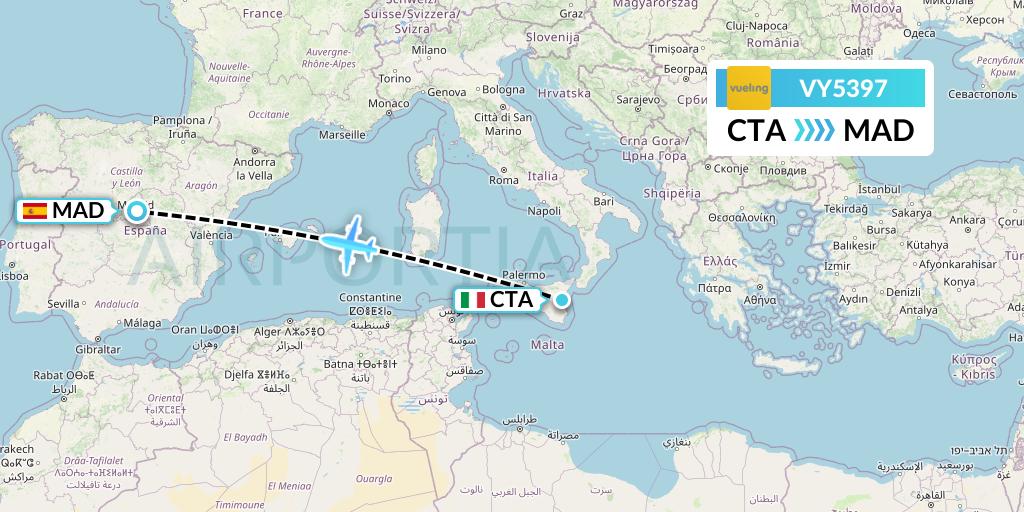 VY5397 Vueling Flight Map: Catania to Madrid