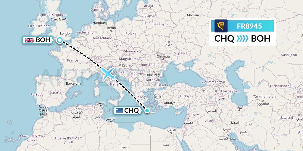 FR8945 Ryanair Flight Map: Chania to Bournemouth