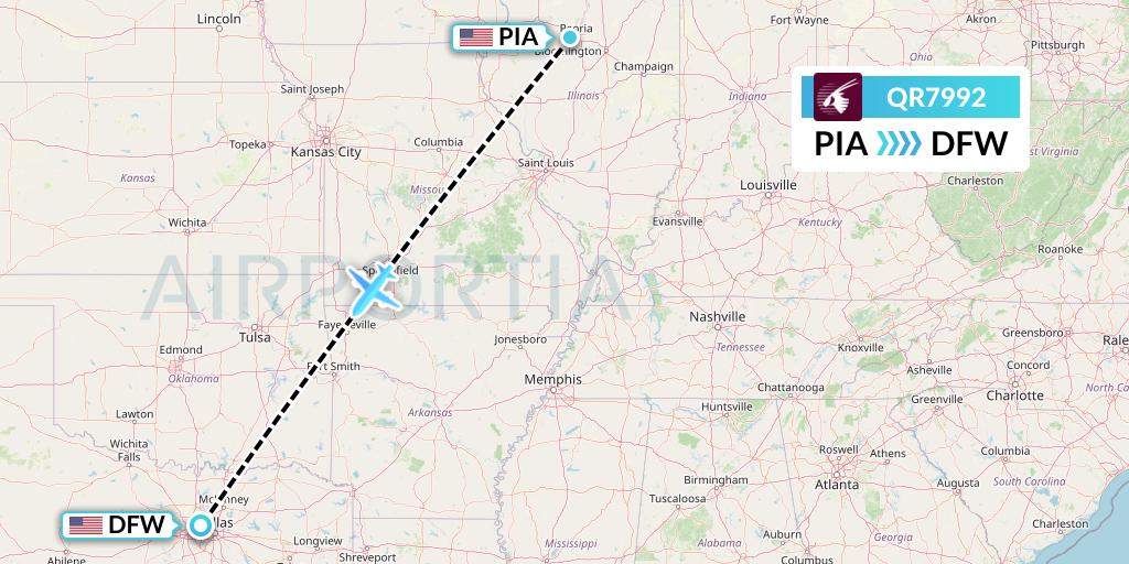 QR7992 Qatar Airways Flight Map: Peoria to Dallas