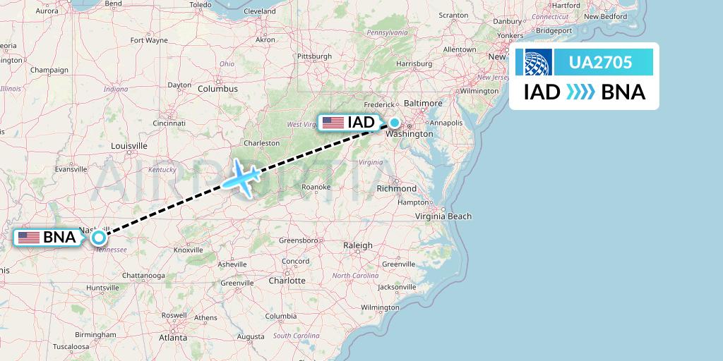 UA2705 United Airlines Flight Map: Washington to Nashville