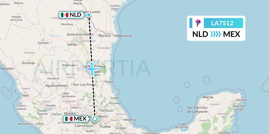 LA7512 LAN Airlines Flight Map: Nuevo Laredo to Mexico City